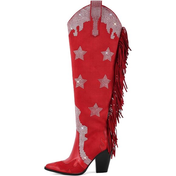⚡Women's Red Fringe Thigh High Extra Wide Calf Cowboy Boots Star Rhinestone - Picture 4 of 6